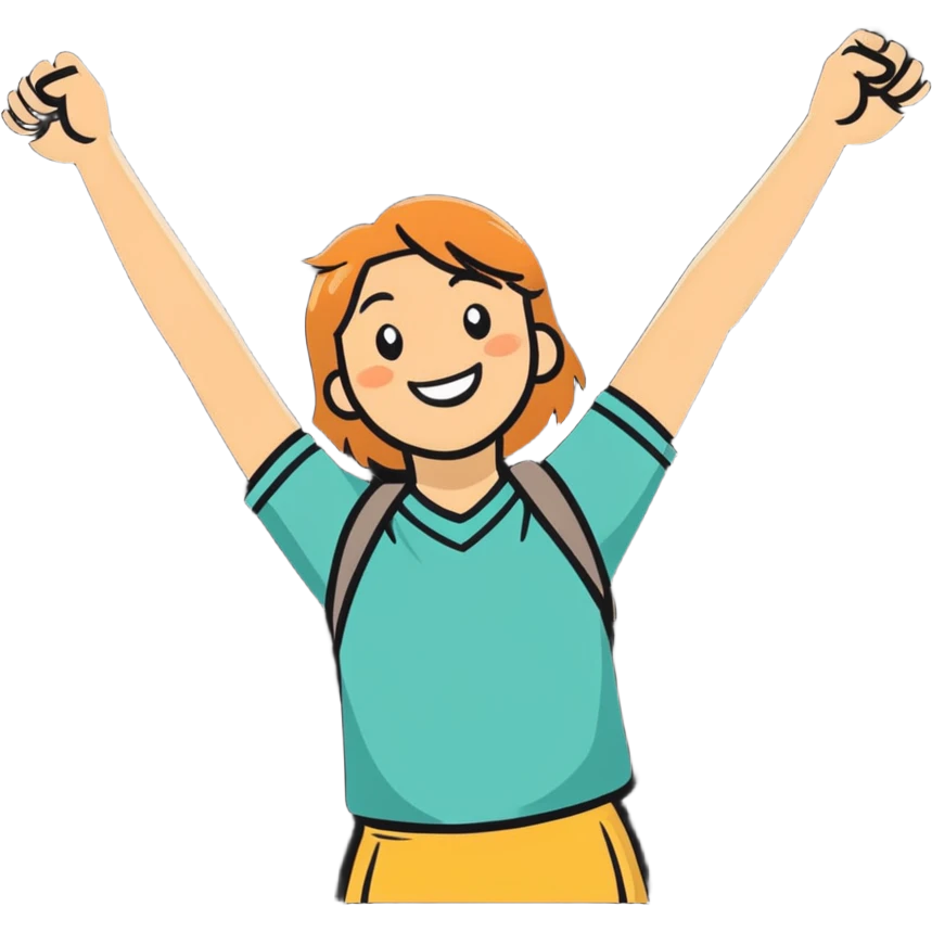 college student smiling in front of a laptop, arms raised in a hooray position, sticker style emoji