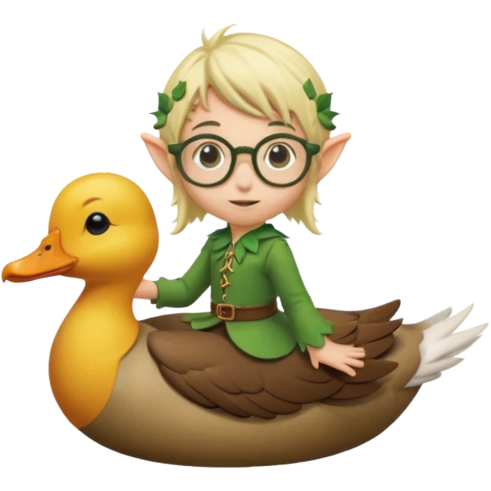 tiny forest elf blode hair with round glasses riding a wild duck emoji