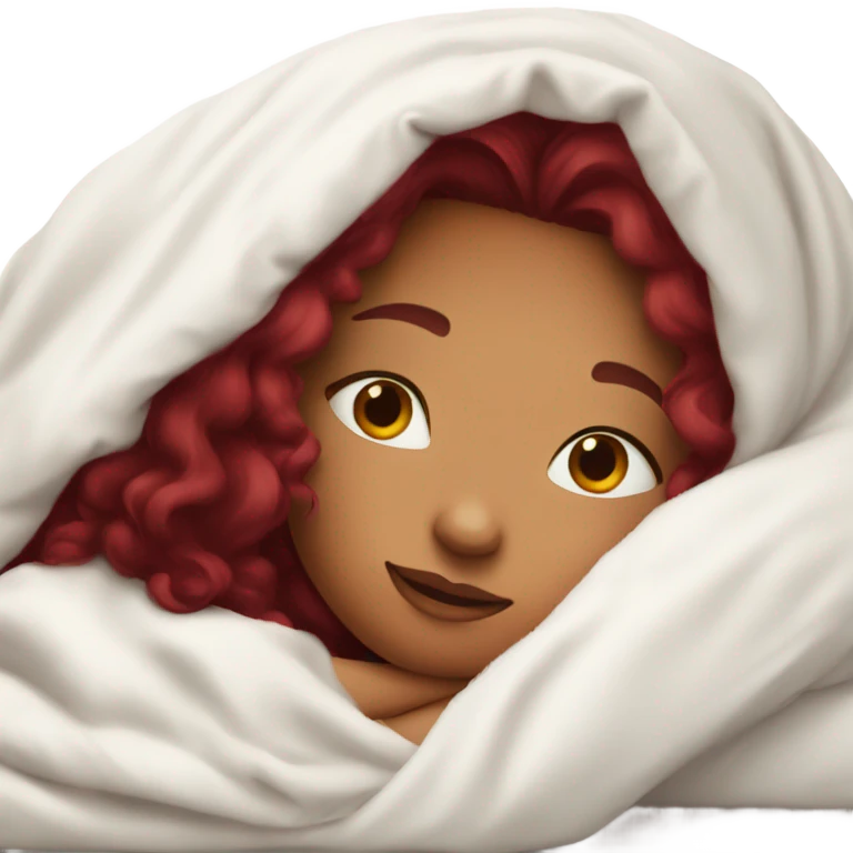 Girl with burgundy hair  laying down cozy in a white blanket emoji