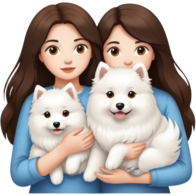 Two long hair brunette girls and two Samoyeds in their hands emoji