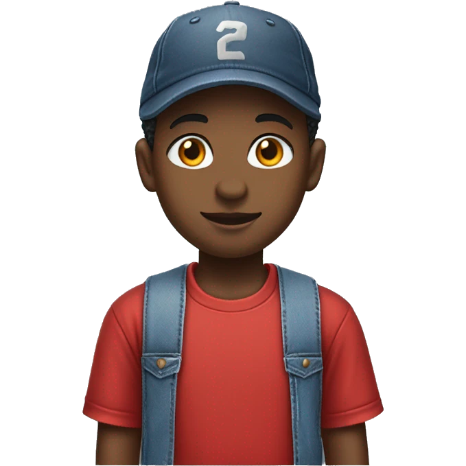 Head shot of African American Boy

Clothing: Wearing a red t-shirt with denim overalls, white sneakers, and a baseball cap turned backward emoji