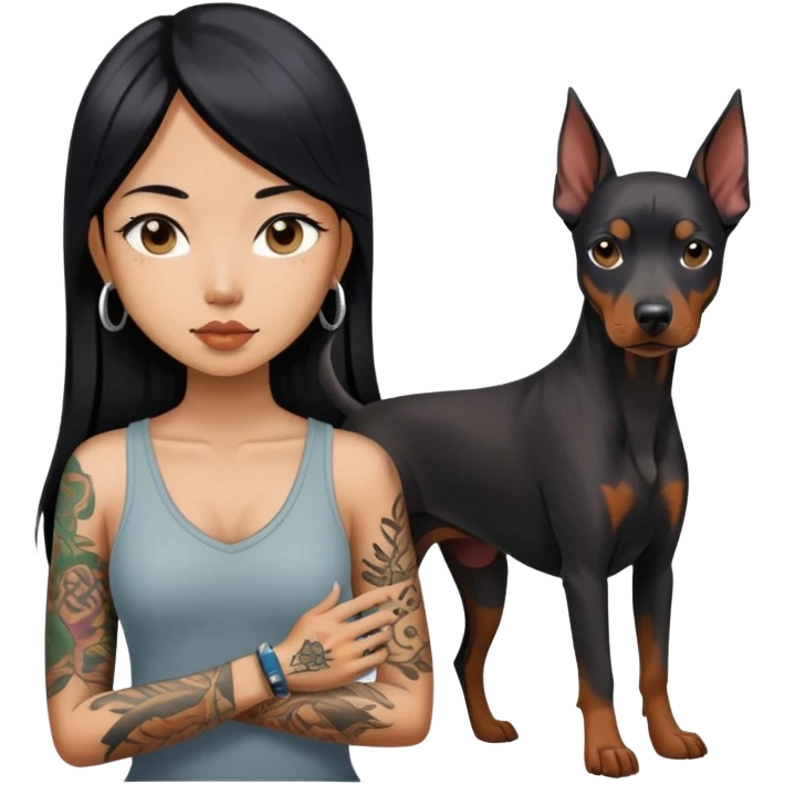 a asiatice girl with long black  straight hair and tattoos and Doberman Pinscher emoji