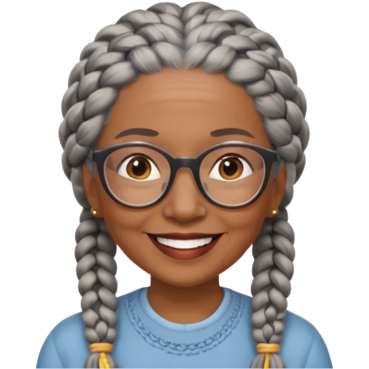 Older woman of color with gray braids, glasses and smiling emoji