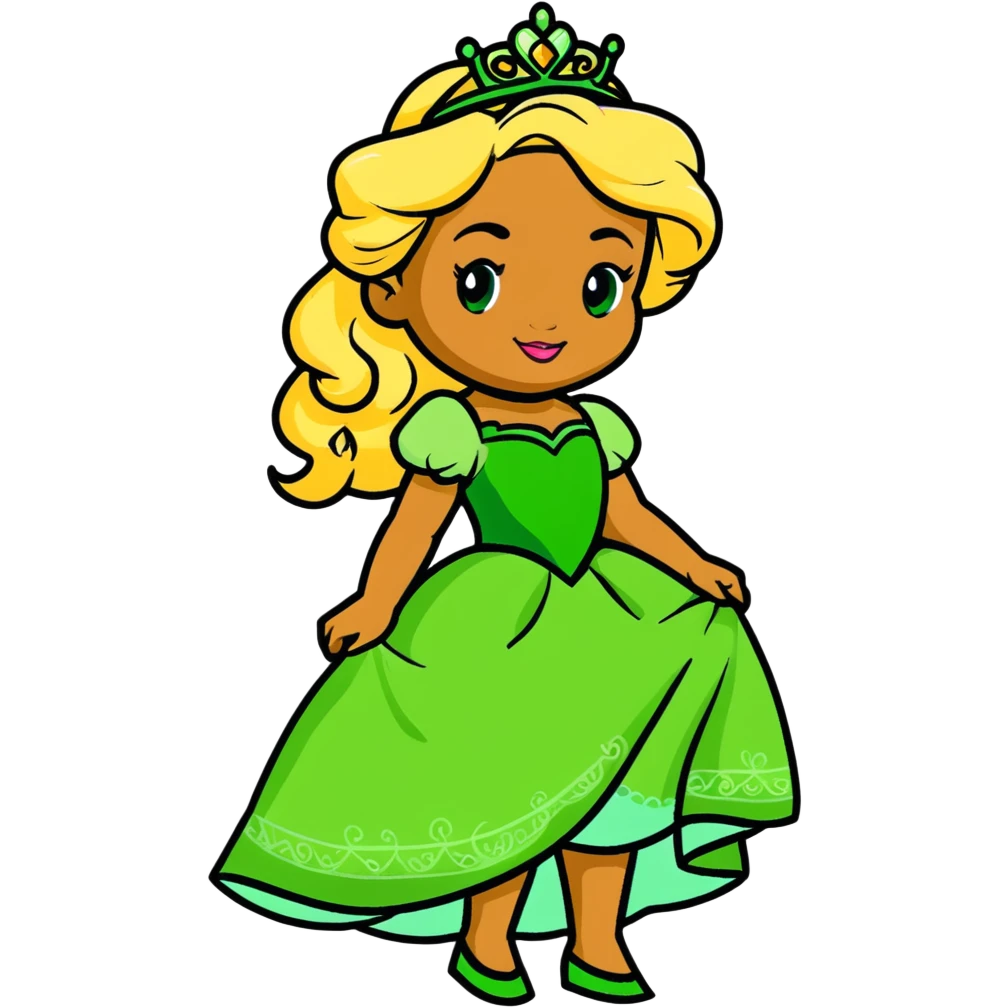 Disney Princess Tiana with super long blonde curly hair, green princess dress emoji