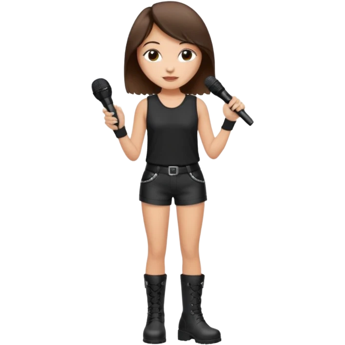 Crie uma cantora morena charmosa de shortes top e bota com microfone branca e cabelo preto Bota preta roupa preta emoji