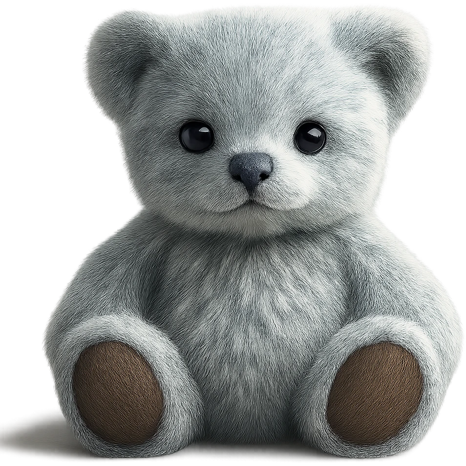 Make the teddy bear's fur a mix of realistic blue and white with soft lighting. Remove the background to make it transparent. The style should be realistic and natural looking. emoji
