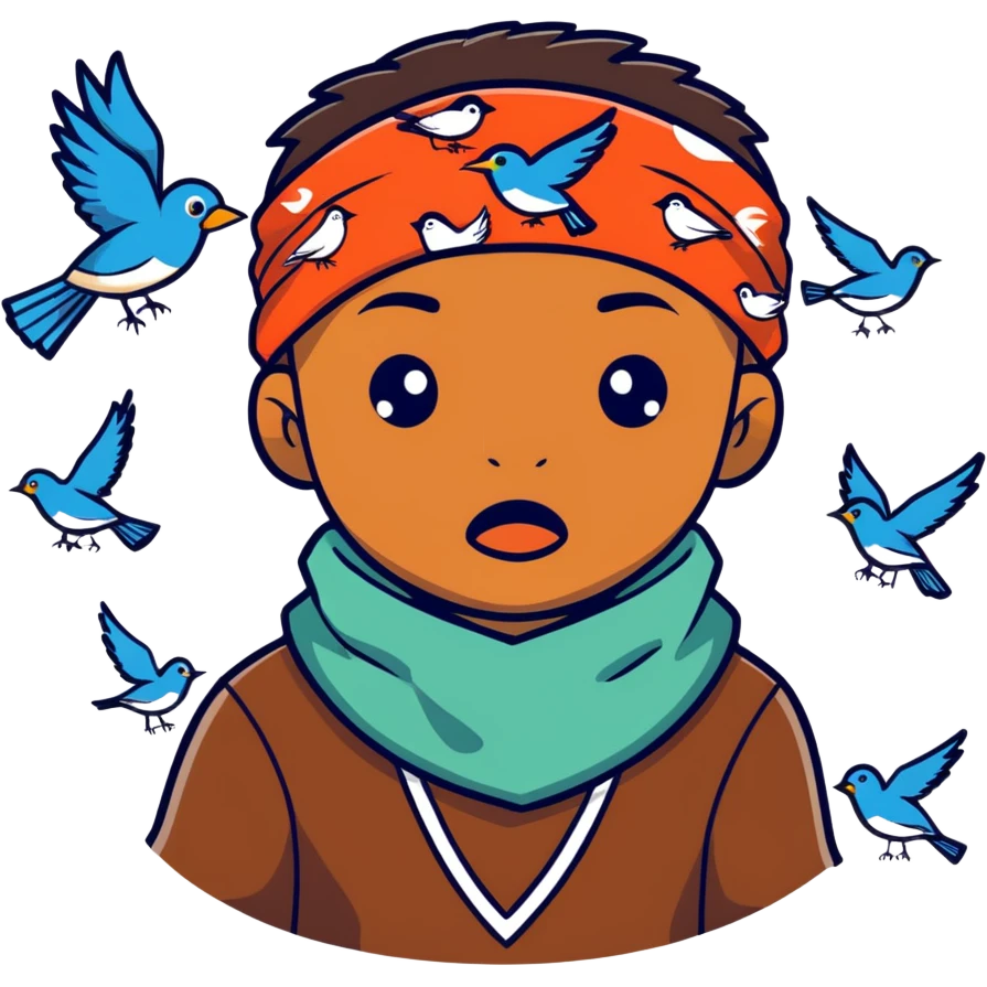 Niño color café con un pañuelo en la boca y con pájaros volando en si cabeza emoji