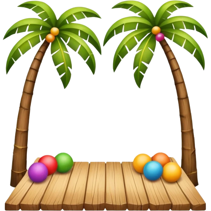 tropical summer frame, emoji style, featuring coconut trees, planks, and colorful balls emoji