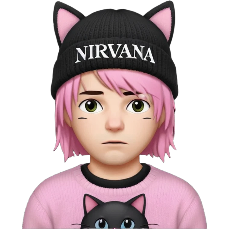 A man with a Knitted hat with black cat ears, black sweater with white lettering in the center that says "Nirvana", pink bob cut and frown with a cold look  emoji