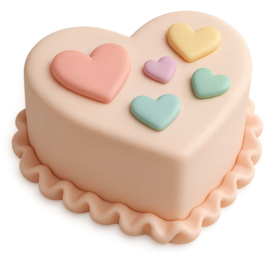 heart-shaped fondant cake with pastel fondant hearts, fondant cake art style emoji