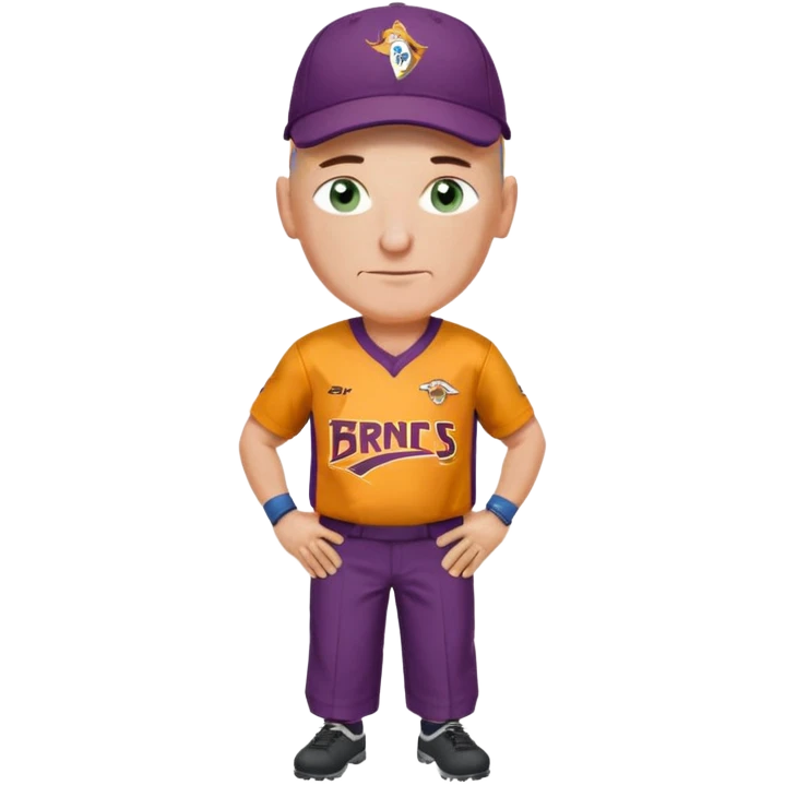 young-ish 50 year old man dressed in a brisbane broncos jersey, bald head, fair freckled skin, happy face, blueish green eyes, wearing brisbane broncos baseball style cap, picture should be down to waist, hands on hips in a player stance emoji