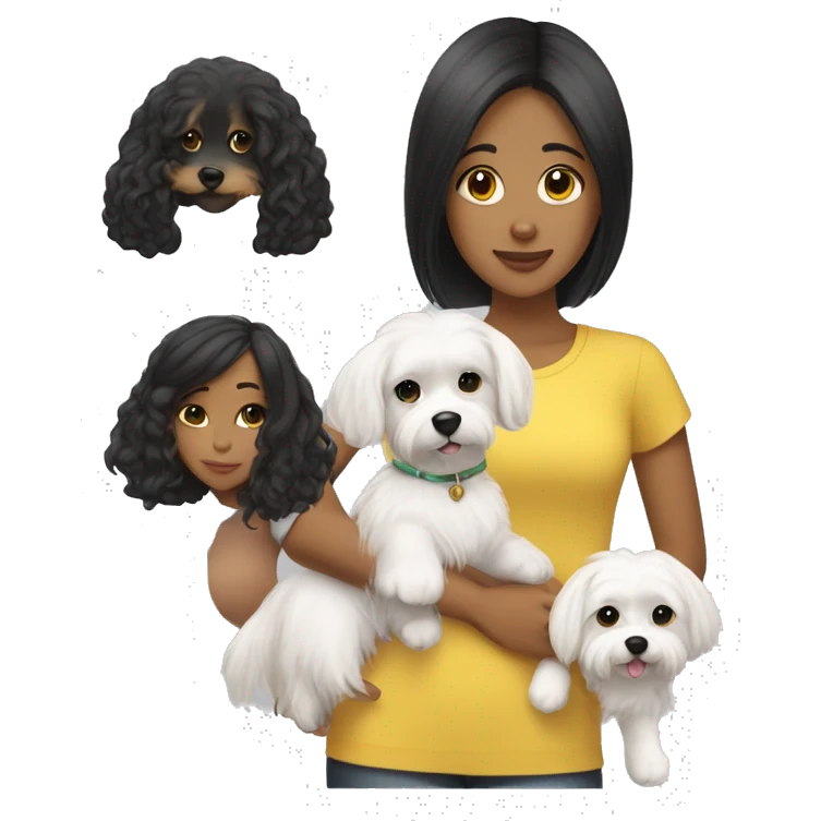 black hair, yellow skin, middle hair length Girl mwith maltese dog emoji