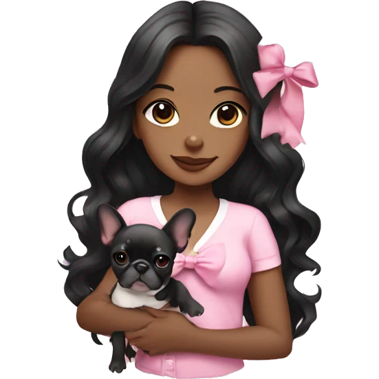  girl with long black wavy hair wearing a pink shirt holding a french bulldog wearing a white bow  emoji