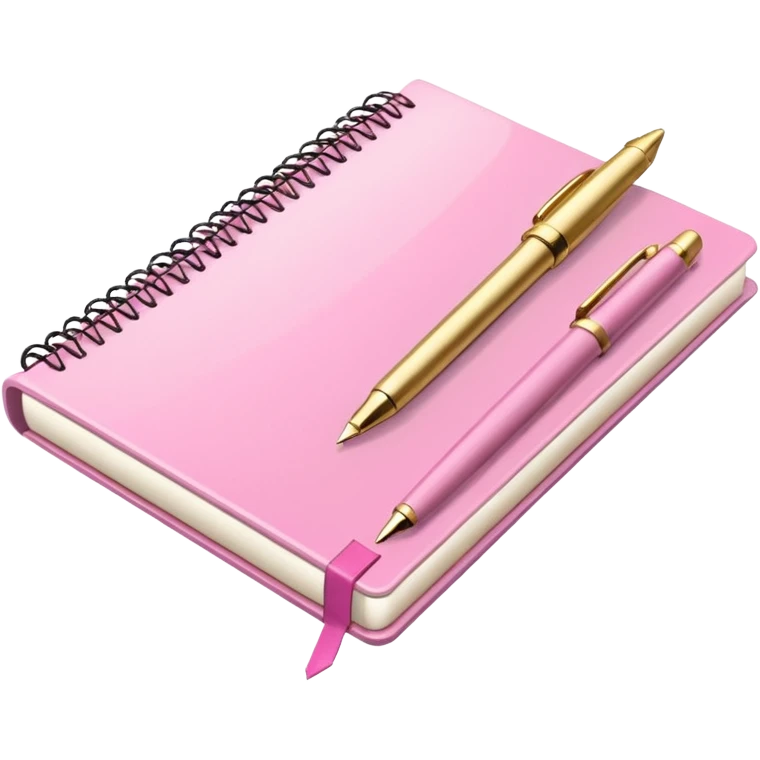 Notebook, gold and pink and white. angled view. with pen emoji