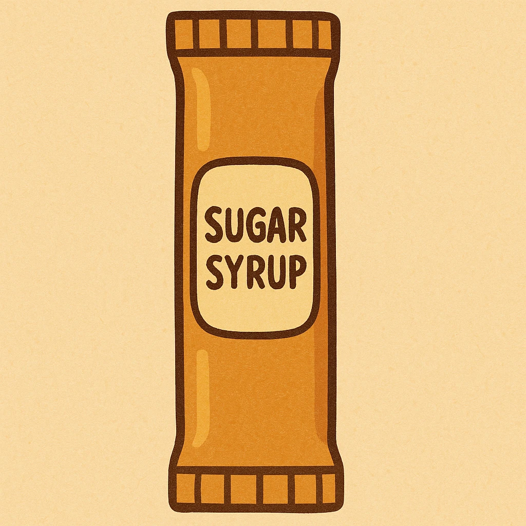 Make the vertical golden sugar syrup bag look more modern and cartoonish, with a sleek, contemporary design, bold outlines, and a playful label that clearly indicates sugar syrup. Keep the bag non-transparent and the syrup not visible. Use a simple background. emoji