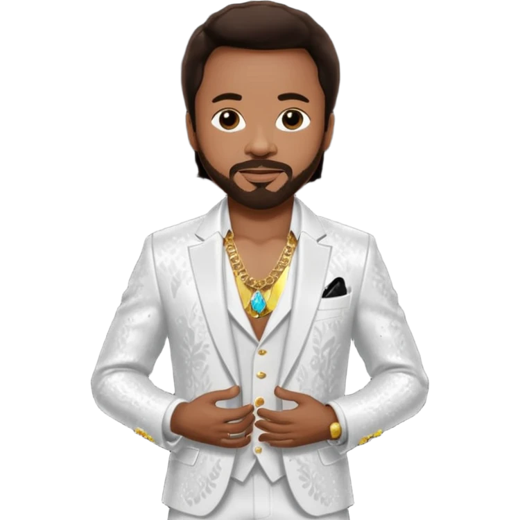 Maurice White from Earth Wind and Fire with dark brown hair, white sequin suit jacket, shirtless with necklace  emoji