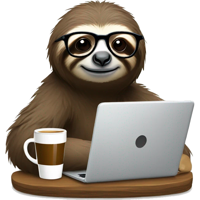 tired sloth wearing glasses with laptop and espresso tonic emoji