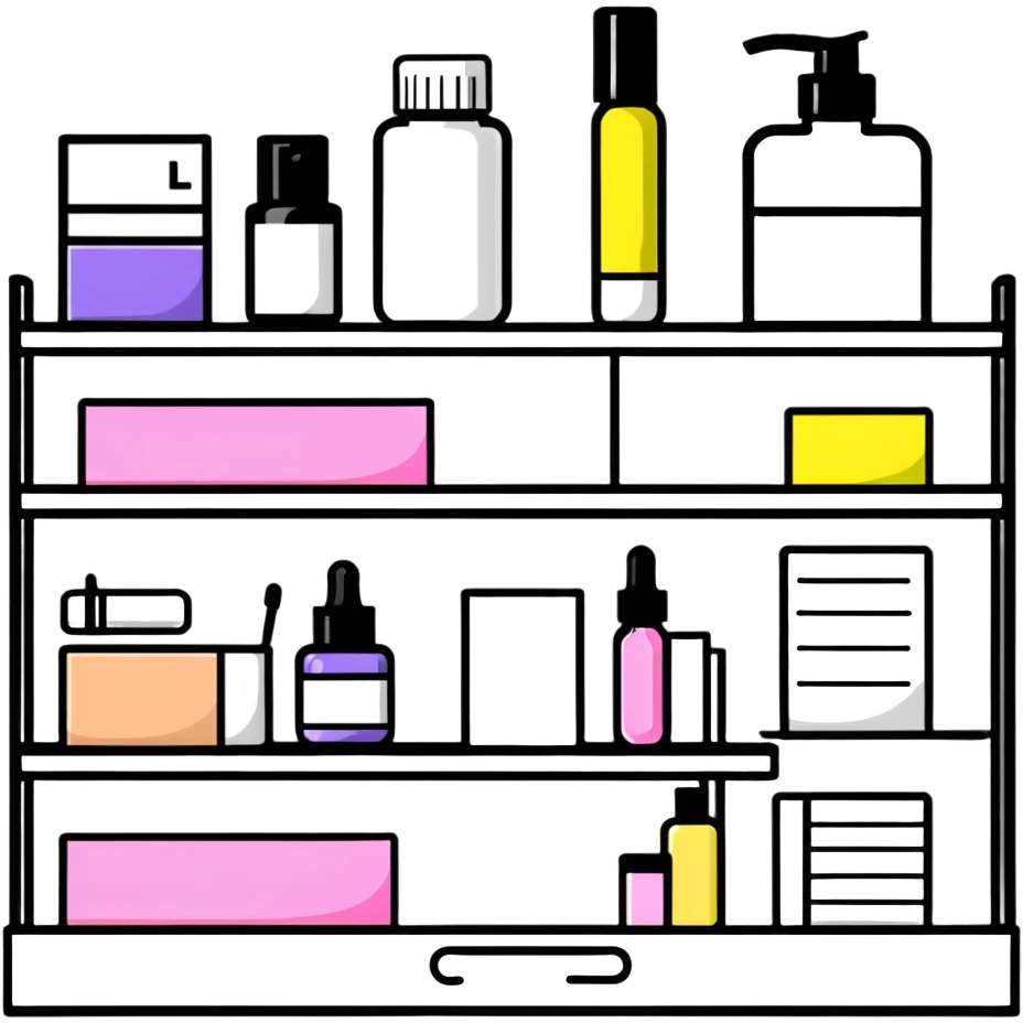 big long white shelf with one serum bottle labeled beauty brand and big sticky note next to it emoji