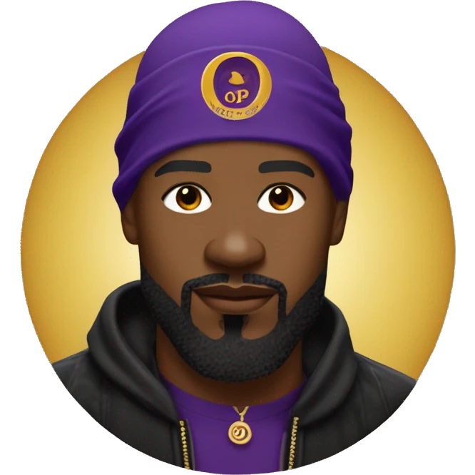Omega psi phi man wearing a purple and gold letter man jacket a black durag on his head brown skinned black full beard and attractive slim nose and a gold hoop nose ring  emoji