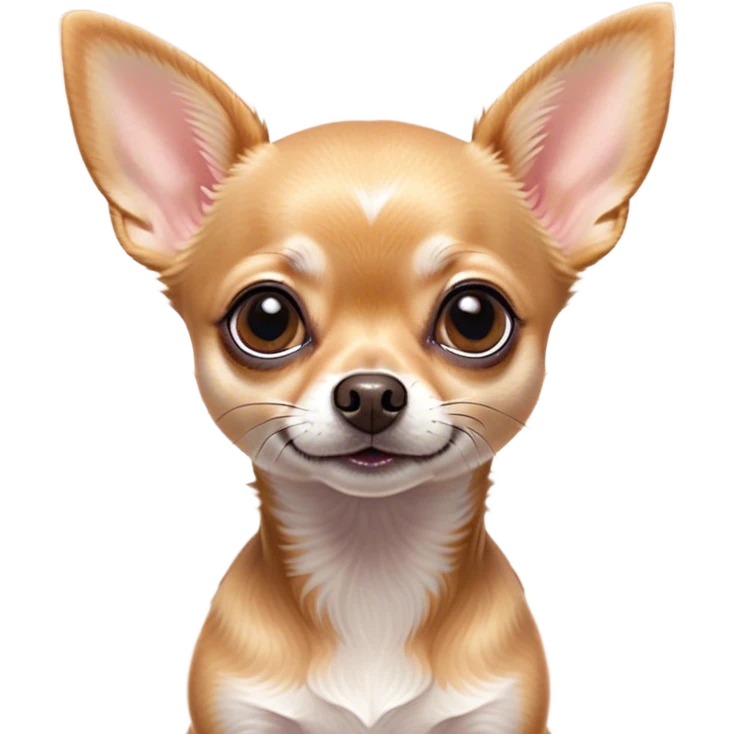 Cinematic Cute Fawn Short Haired Chihuahua Portrait Emoji, Head tilted playfully and inquisitively, smooth fawn fur with a healthy sheen, round, sparkling dark eyes filled with curiosity, Simplified yet irresistibly adorable features, highly detailed, glowing with a warm, friendly glow, high shine, affectionate and lively, stylized with a touch of whimsy, bright and endearing, soft glowing outline, capturing the essence of a mischievous yet loving pup, so playful it feels like it could bound out of the screen and into your arms! emoji