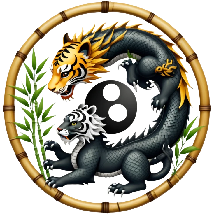 An icon symbolizing Eastern martial arts in the style of an emblem, with a black-and-white Yin-Yang symbol at the center. A dragon and a tiger are placed on either side, representing strength and wisdom. The design includes bamboo and traditional elements. Transparent background emoji