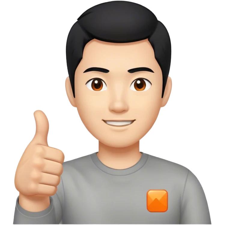 Thumbs up, but with black hair representing an asian man. Grey shirt, with a small orange square as a logo emoji