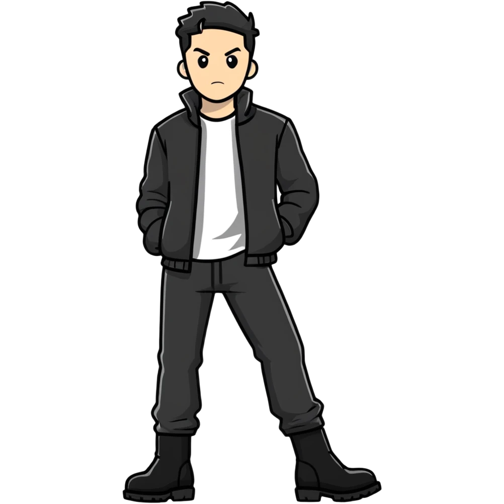 Full body standing male figure wearing black jacket, black pants, and black boots emoji