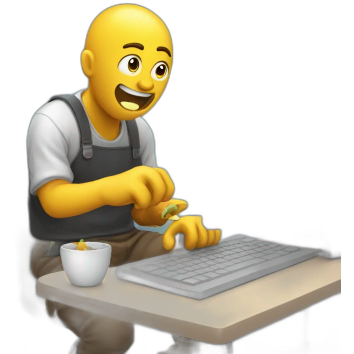 developer eating with one hand and writing code on the keyboard with the other with sweat flying off his head emoji