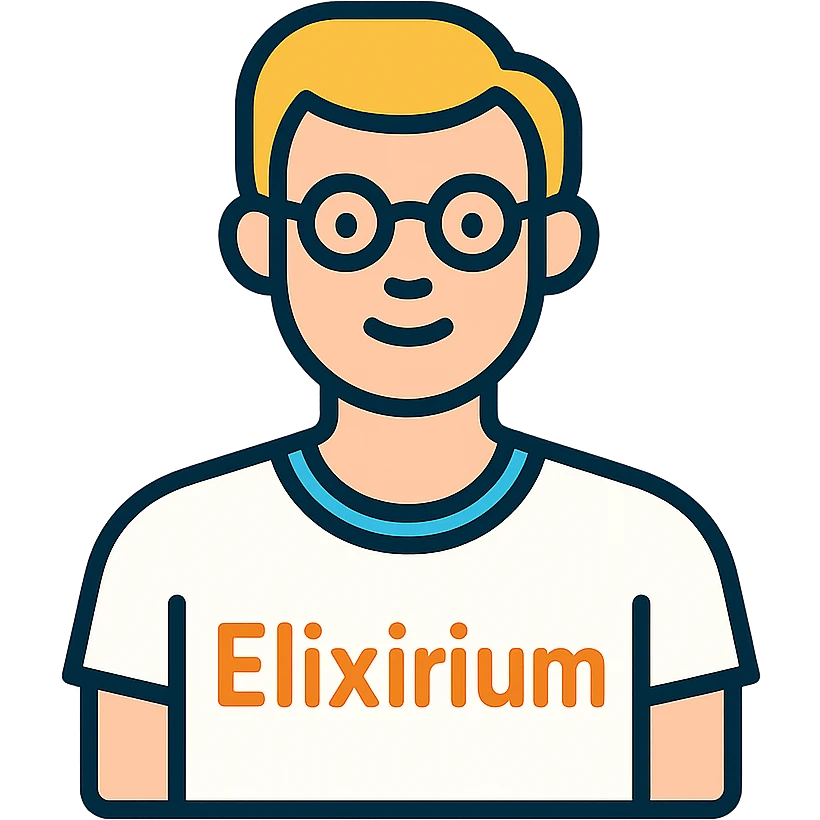 man wearing white t-shirt with the word 'Elixirium' written on the t-shirt, colorful outline icon style emoji