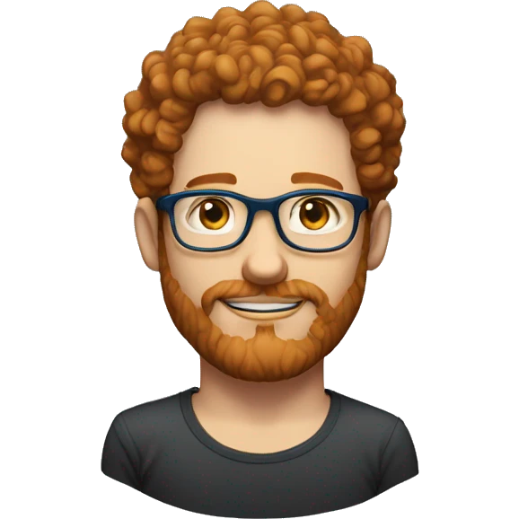 35 year old, male, short curly red hair, pale, thick beard, blue eyes, white glasses, black shirt emoji