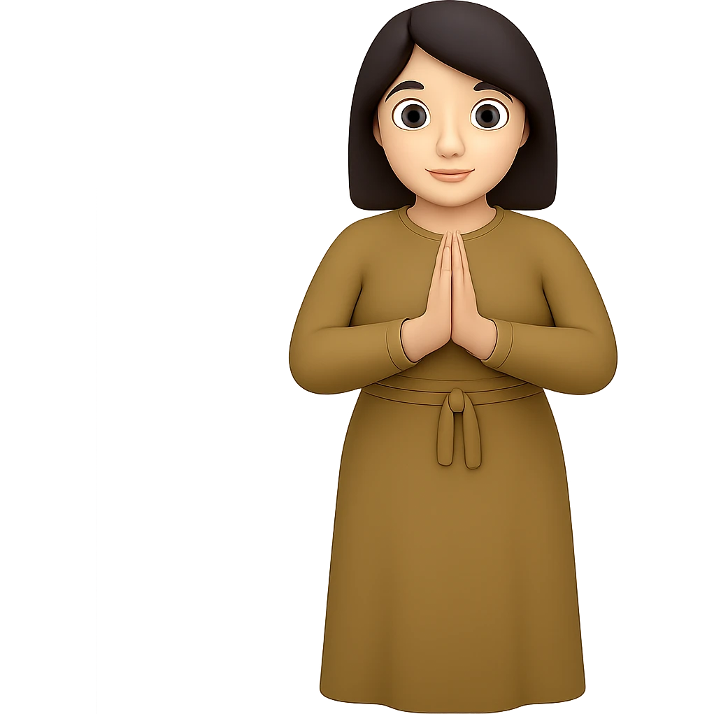 Make the woman have a normal, buxom body, standing and praying from the front view, wearing a long tan dress, with dark brown hair, in emoji style. Remove the background completely. emoji