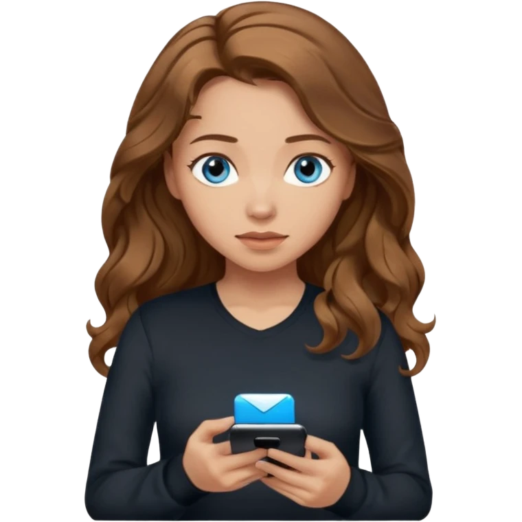 generate a pretty woman with blue eyes, light skin and medium brown long wavyshiny hair holding a phone she is looking at the phone while looking down at the screen. she is wearing an ALL black long sleeve emoji