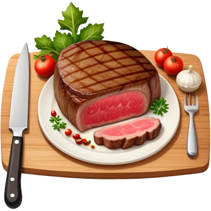 A photorealistic icon featuring a chef's hat, a cutting board with fresh ingredients, a knife, a plate with a well-plated dish, and a beautiful ribeye beef steak. Bright, detailed design with realistic textures and lighting. Transparent background, clearly symbolizing cooking and culinary arts. emoji