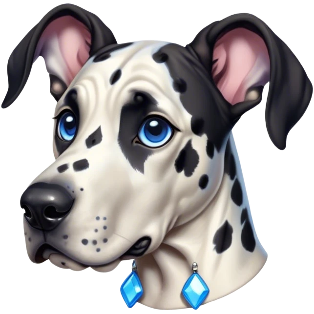 Cinematic Cute Harlequin Great Dane Portrait Emoji, Head tilted playfully and inquisitively, featuring a glossy coat of predominantly white with dynamic black patches, round, sparkling blue eyes filled with gentle curiosity, Simplified yet irresistibly adorable features, highly detailed, glowing with a warm, friendly glow, high shine, affectionate and gentle, stylized with a touch of whimsy, bright and endearing, soft glowing outline, capturing the essence of a mischievous yet loving pup, so playful it feels like it could lumber out of the screen and into your arms! emoji