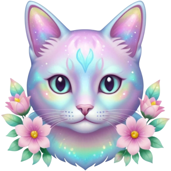 Pastel iridescent shiny ethereal elegant pretty beautiful realistic glossy glittery cat with flowers and pastel colors aesthetic emoji