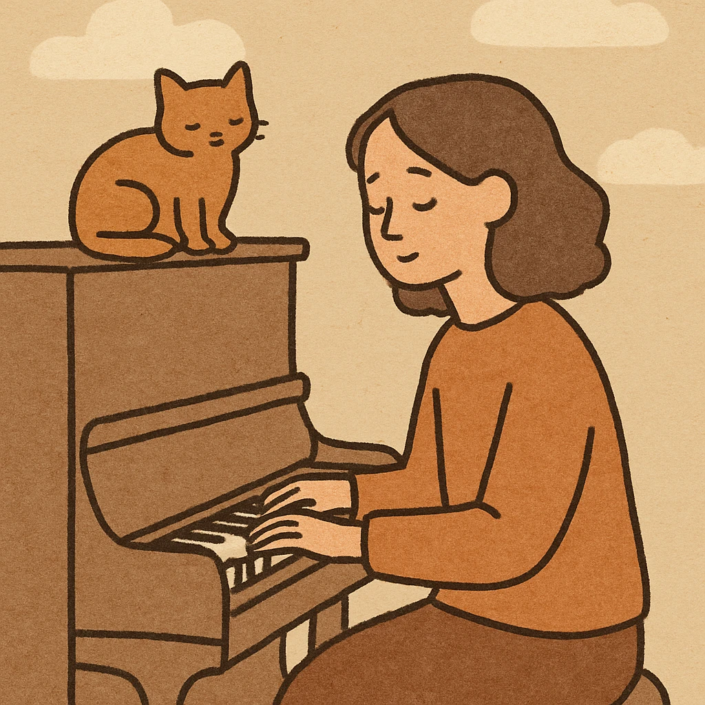 woman playing piano while her cat sits on top of the piano emoji