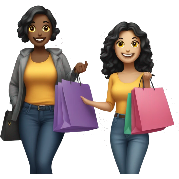 Two happy, curvy Caucasian women with black hair holding shopping bags in their hands, smiling and enjoying their day emoji