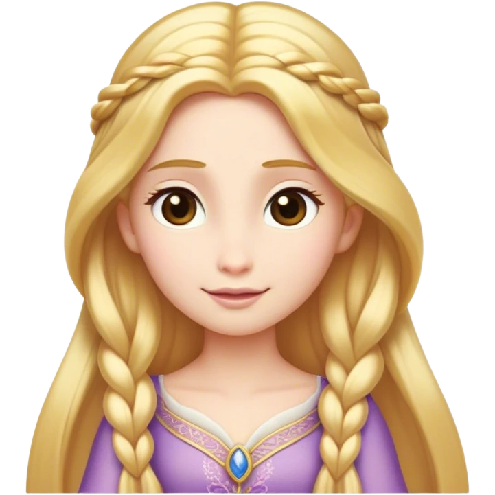 Cinematic Serene Rapunzel Portrait Emoji, rendered in a simplified vector style. Depict a gentle Rapunzel (chest and above) with delicate porcelain skin and long, shimmering golden hair, her expression calm and reflective, dressed in her traditional attire. The image is imbued with a soft, luminous glow and a subtle glowing outline. emoji