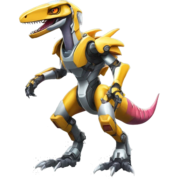 Colorful Edgy Greymon-Velociraptor-Genesect-Fakémon-Pokémon wearing a with a futuristic helmet And Mecha-suit Full Body emoji