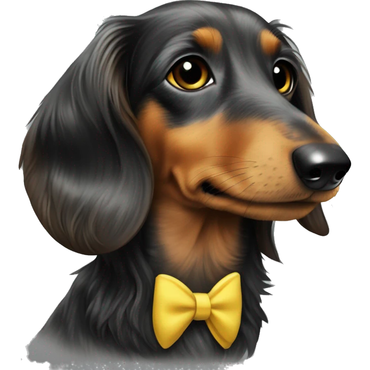 Black long haired dapple dachshund in a yellow suit emoji