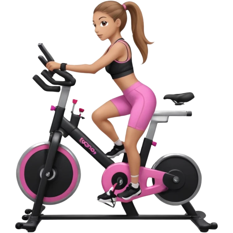 Light skin girl with long light brown hair in a pony tail, black workout set leaning on a indoor spin bike with NO HELMET, can we add a pink sports bra  emoji