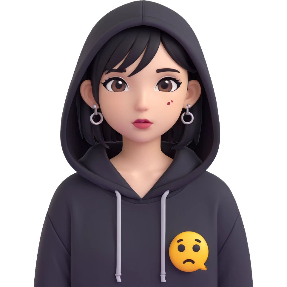 emo girl, black hoodie, piercings, side-parted hair, subtle makeup, modern emoji style emoji