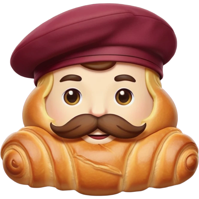A buttery croissant with a mustache and a maroon Berret  emoji