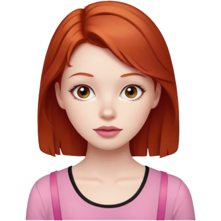 Redhead girl with deep brown eyes, pale skin with light red lips wearing a pink strap shirt emoji
