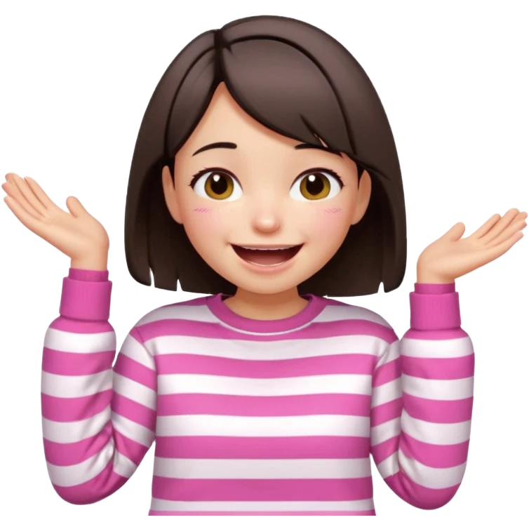Emoji of a cute 3D girl with short dark brown bob hairstyle, wearing a pink and white striped sweatshirt. She is laughing uncontrollably, tears of joy, white background emoji