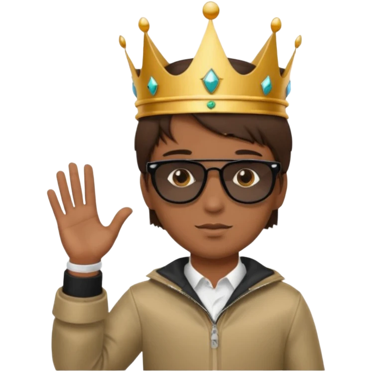 Un niño con cabello lacio no muy largo color marrón castaño,ojos marrones,piel no muy blanca, que tenga lentes de sol color negro,reloj en la mano derecha y una corona como sombrero emoji