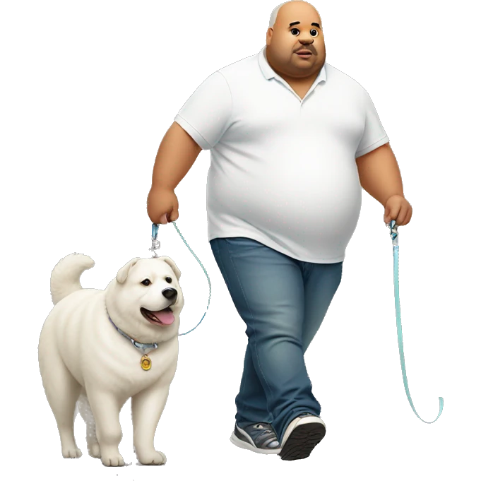 Fat man wearing a yam-aka walking a white bear dog on a leash  emoji