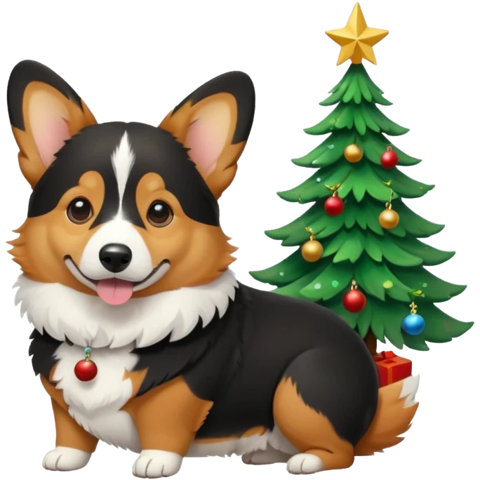 black tricolor corgi with no tail and christmas tree next to it emoji