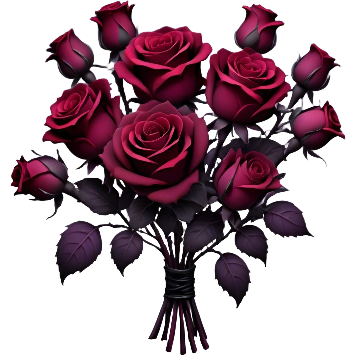 A surreal bouquet of Gothic roses, their petals drenched in dark purple hues, from black-red to rustic tones, glowing against a dark, misty backdrop. The air is heavy with an eerie, romantic atmosphere, as if the flowers hold secrets of the past.
 emoji