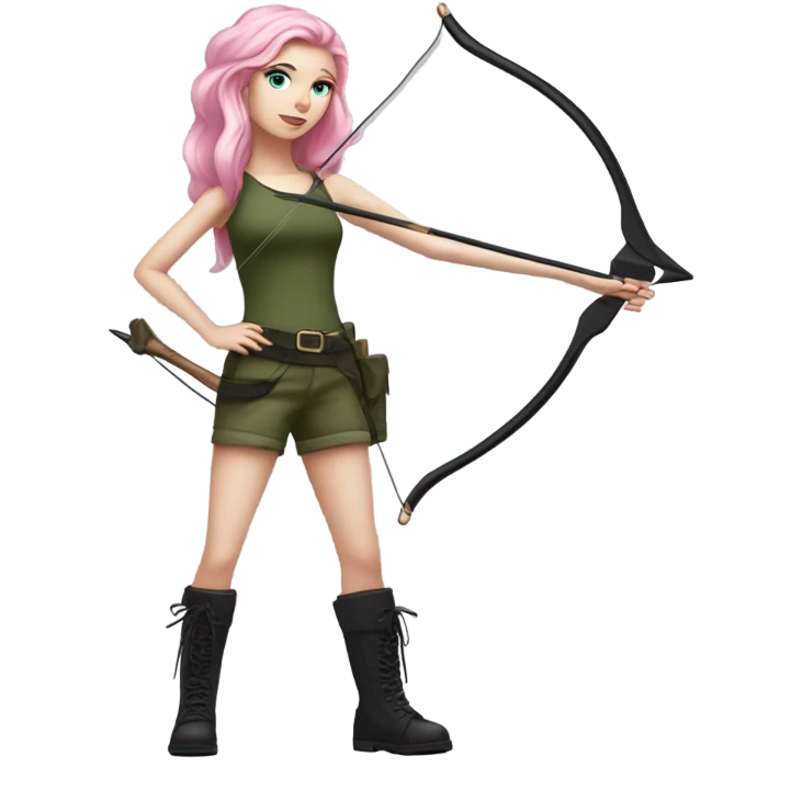 girl holding bow and arrow, long pink hair, blue eyes, white skin, army green cargo pants, black tank top, black combat boots, elf ears emoji
